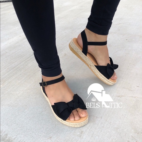 Black open Toe Bow Espadrille Flatform Sandals - Picture 2 of 6